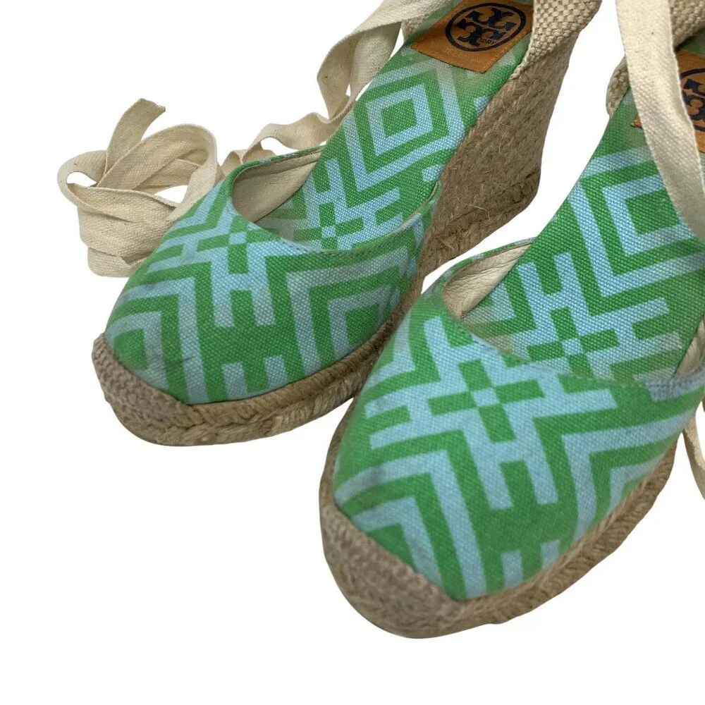 Tory Burch Green Patterned Espadrille Wedge Lace Up Sandals Size 8 Canvas Jute